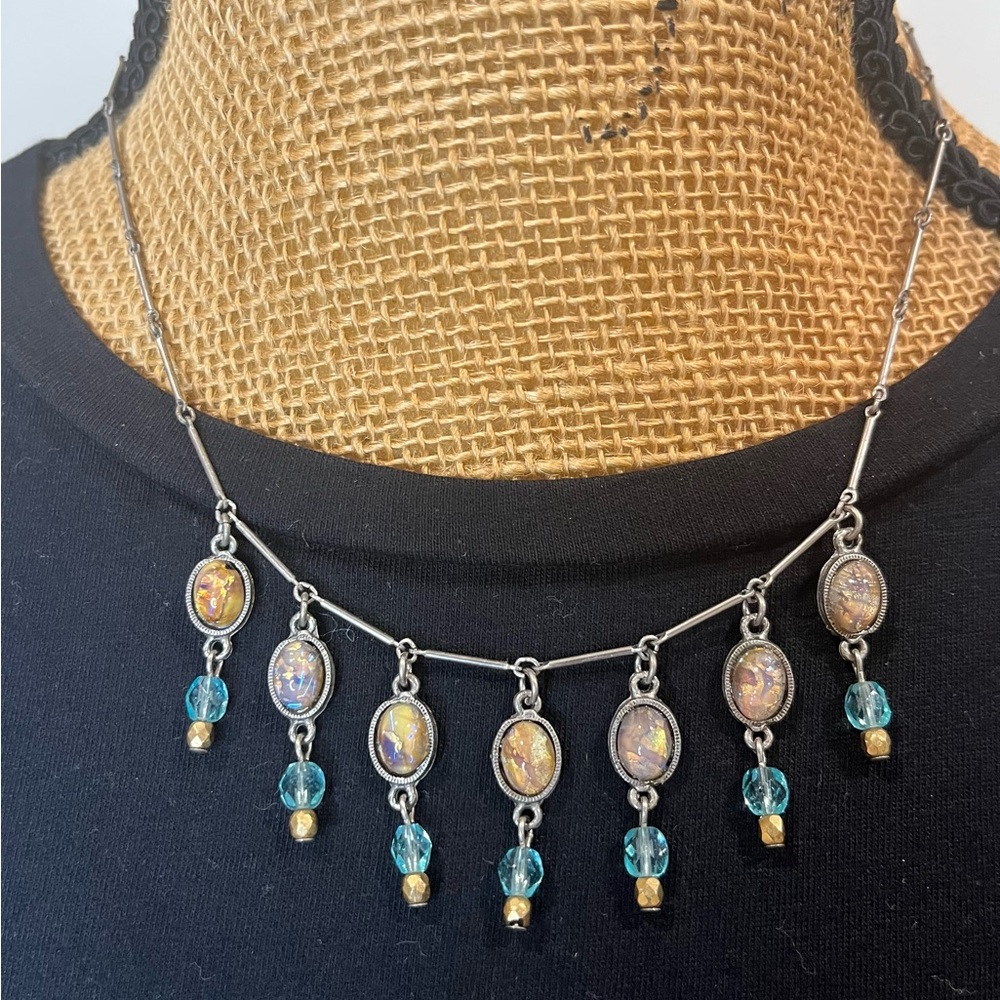 David Aubrey Handmade Beaded Iridescent Oval Drop Charm Necklace Boho